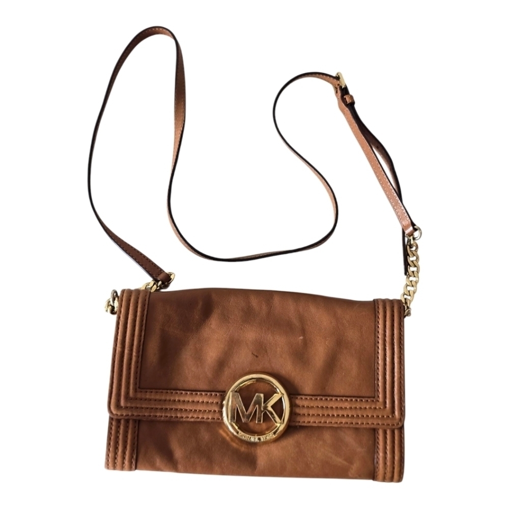 Michael Kors Fulton Brown Leather Crossbody Bag Leather Gold Chain Strap Dustbag - Picture 2 of 16